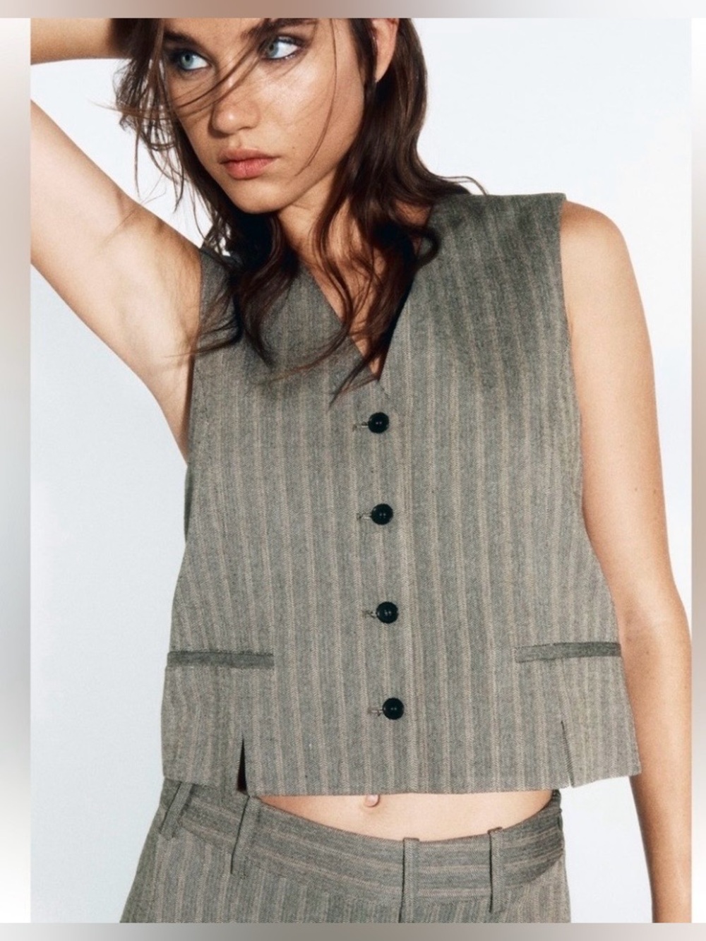 ZARA Woman’s Herringbone Waistcoat Gray NWT Button Front Vest Size M